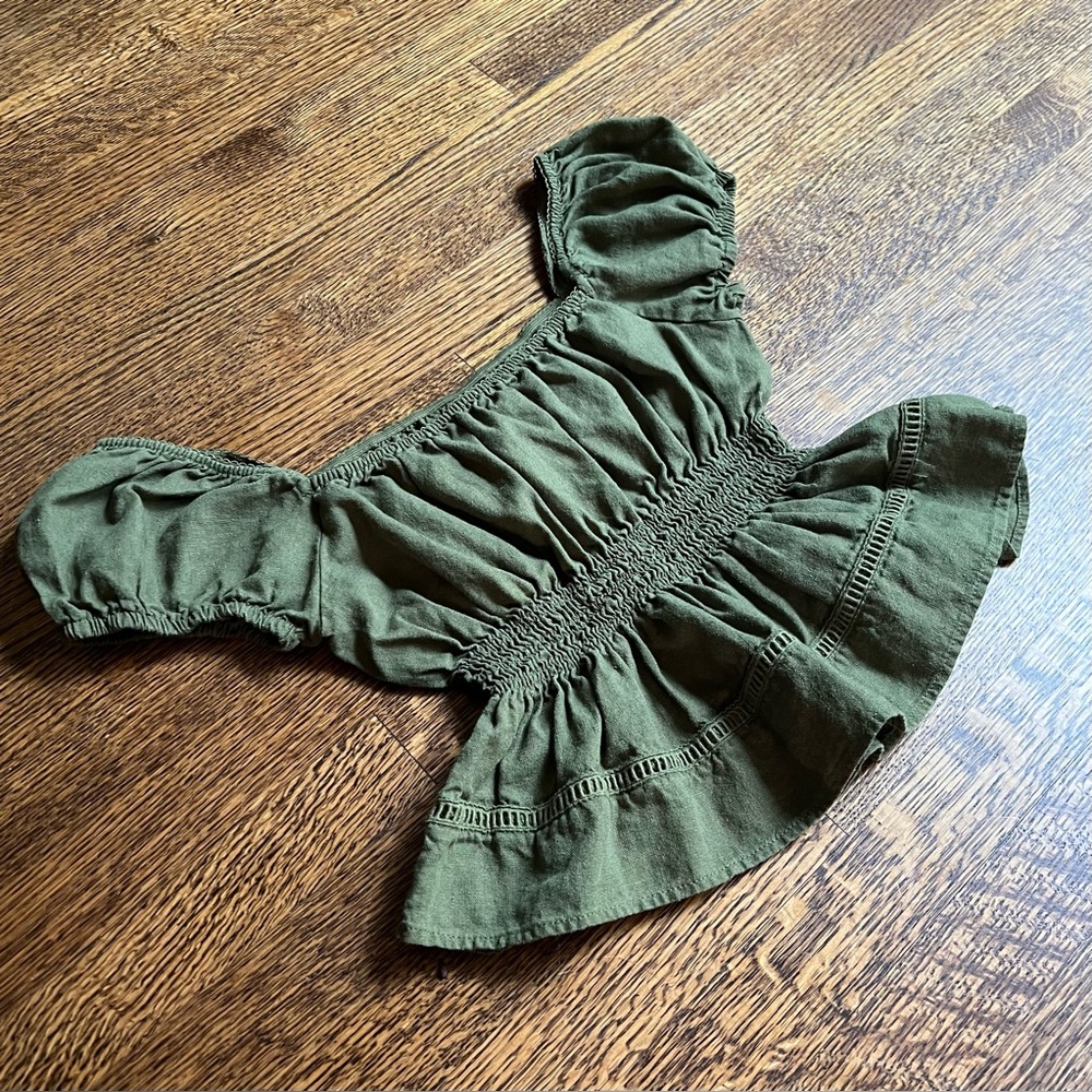 Olive Linen Milkmaid Top, Peasant Style Top with Puff Sleeves, Rustic Tavern - Picture 6 of 7